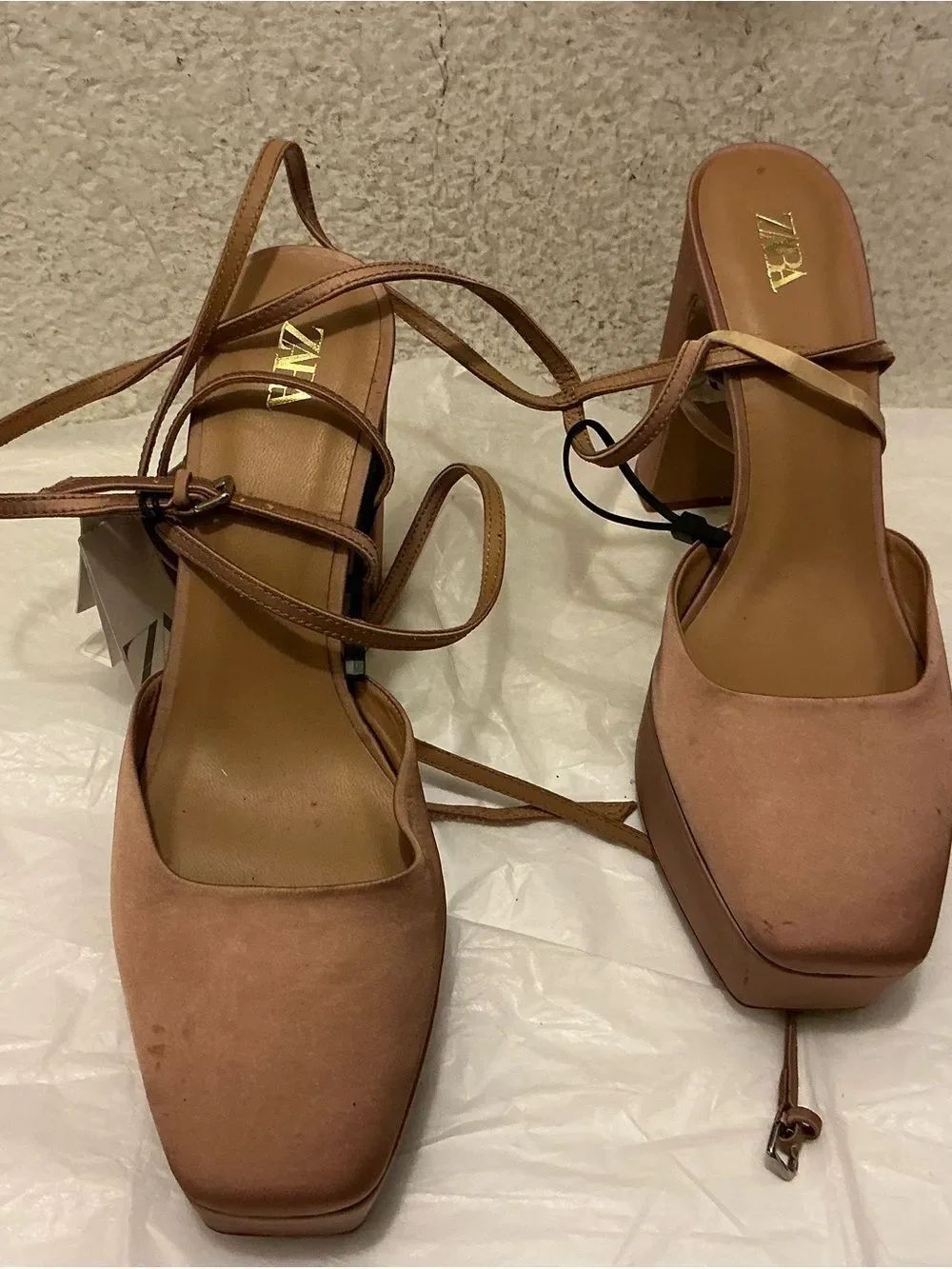 NWT Zara Dusty Rose Suede Square-Toe Lace-Up Block Heels US8/39